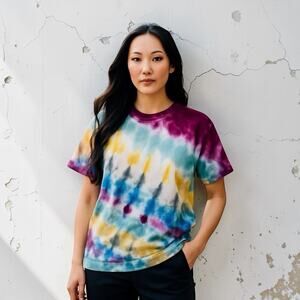 Hand-Dyed Upcycled Multicolor Tie Dyed French Terry Short Sleeve Sweatshirt Sz M